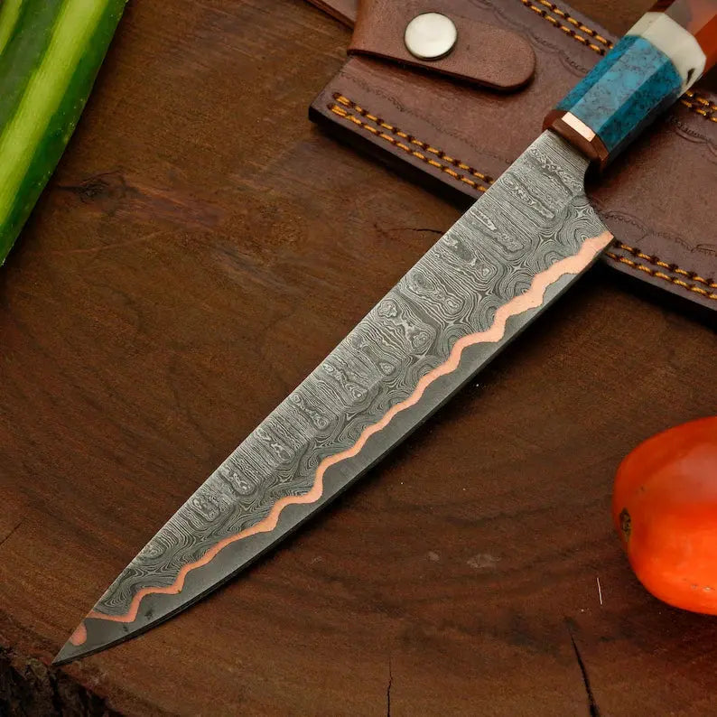Artisan Copper Damascus Kitchen Knife, 8 Inch Blade, Resin & Leather Sheath Arham Cutlery
