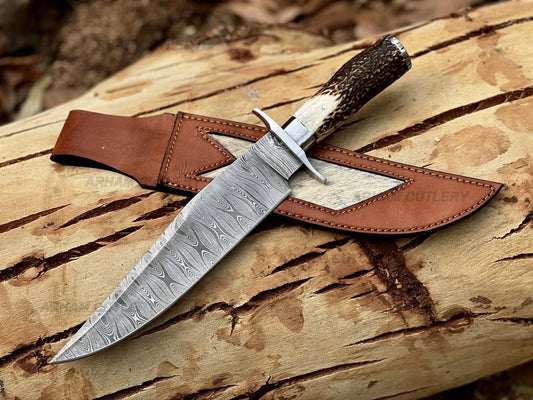 Arham Cutlery handmade 15-inch Damascus steel Bowie knife with stag horn handle and leather sheath