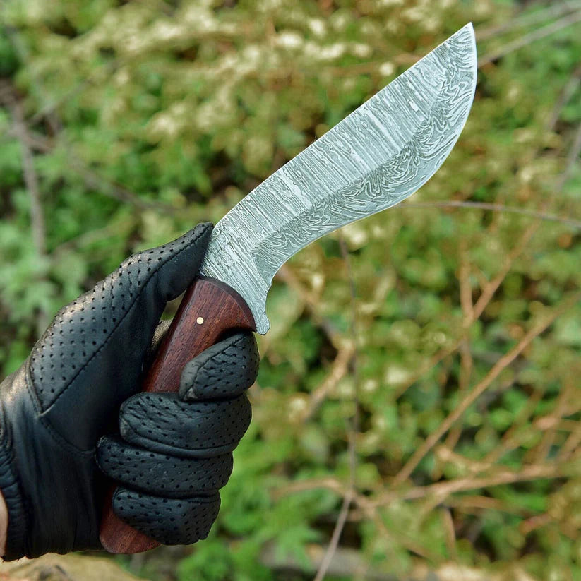 Custom Handmade Damascus Steel Kukri EDC Knife with Rosewood Handle – Fixed Blade Hunting Knife with Leather Sheath Arham Cutlery
