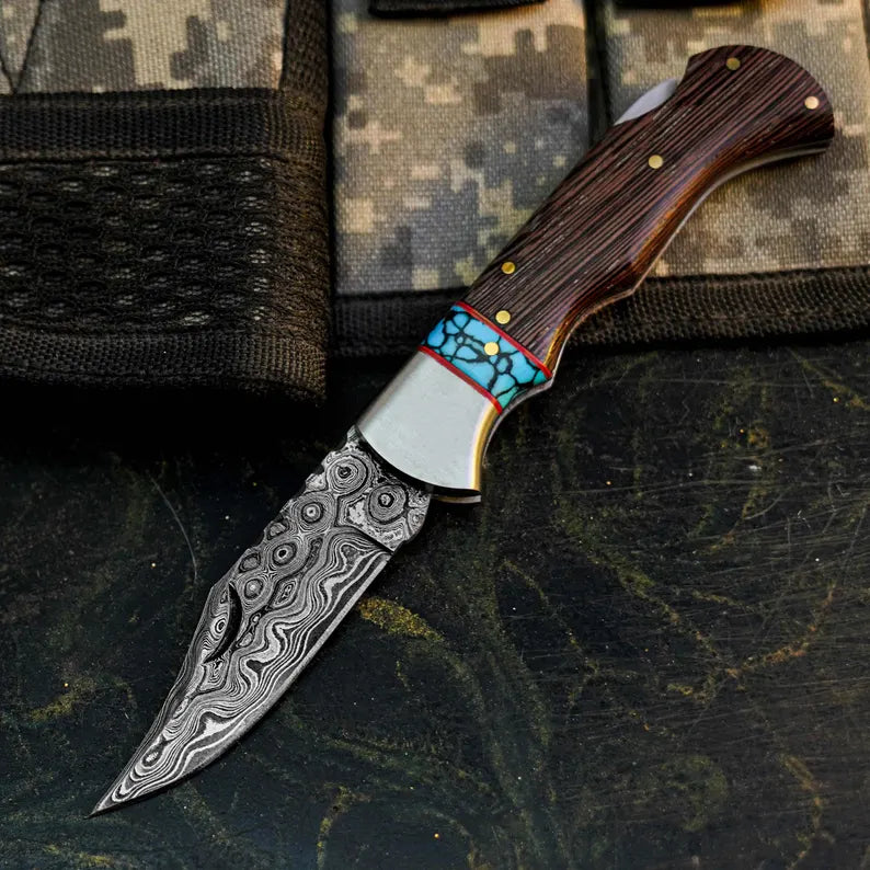 Handmade Damascus Pocket Knife with Wenge Wood Handle Arham Cutlery