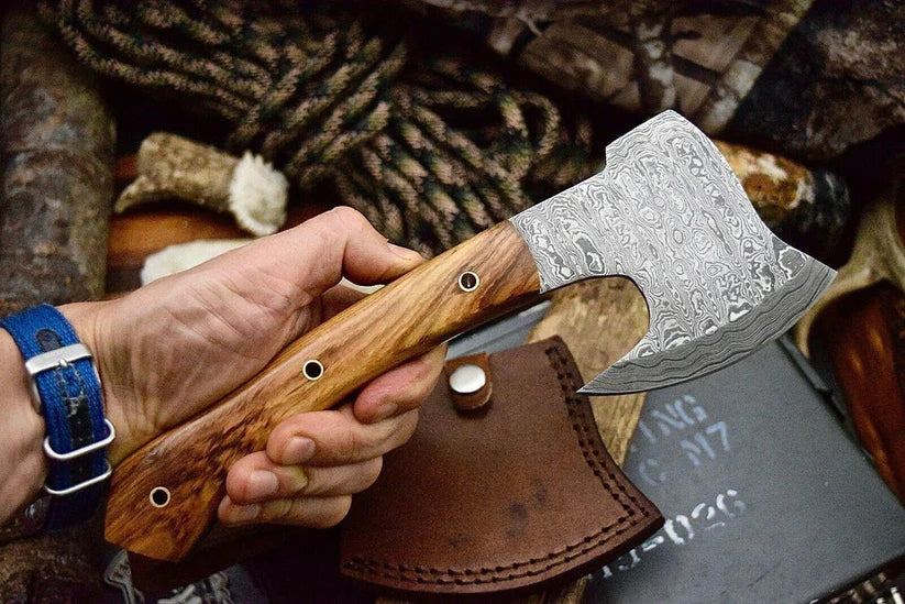 Custom Forged Damascus Hatchet Axe with Olive Burl Handle & Cowhide Sheath Arham Cutlery