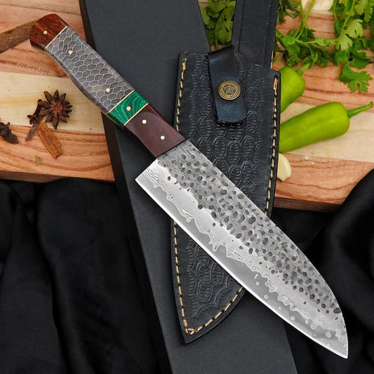 Custom Damascus Kitchen Knife | 7” 440C Stainless Steel Chef Knife with Honeycomb Resin & Malachite Handle Arham Cutlery