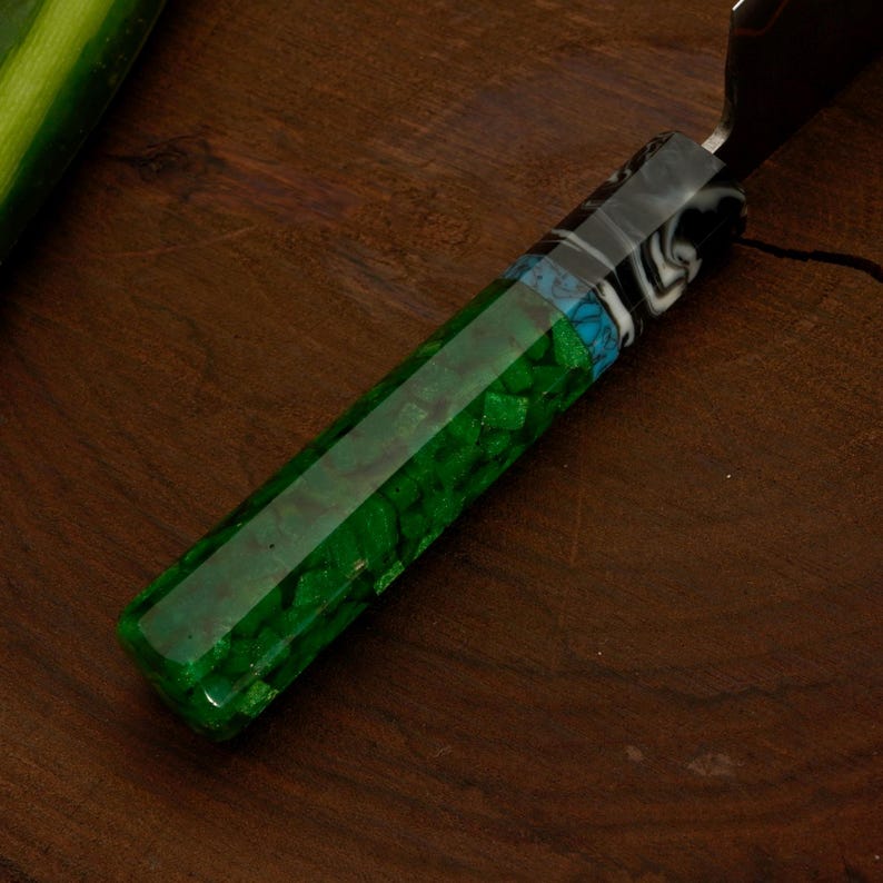 Personalized Damascus Kitchen Knife with Green Resin Handle Arham Cutlery