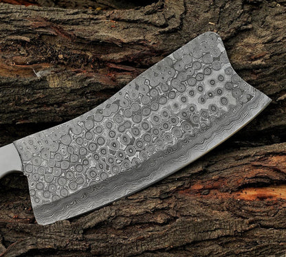 Custom Handmade Damascus Cleaver Knife with Ram Horn Handle – Chef Chopper Knife with Leather Sheath Arham Cutlery