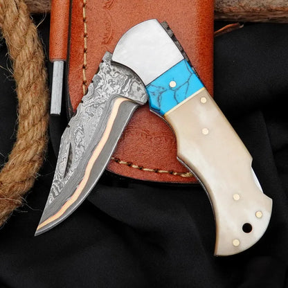 Handmade Damascus Pocket Knife with Camel Bone & Turquoise Inlay | Copper Brass Core Folding Knife Arham Cutlery