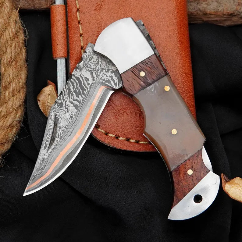 Custom Damascus Pocket Knife with Rosewood & Ram Horn Handle | Handmade Folding Collector Knife Arham Cutlery