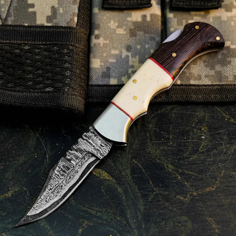 Handmade Damascus Pocket Knife with Wenge & Camel Bone Arham Cutlery