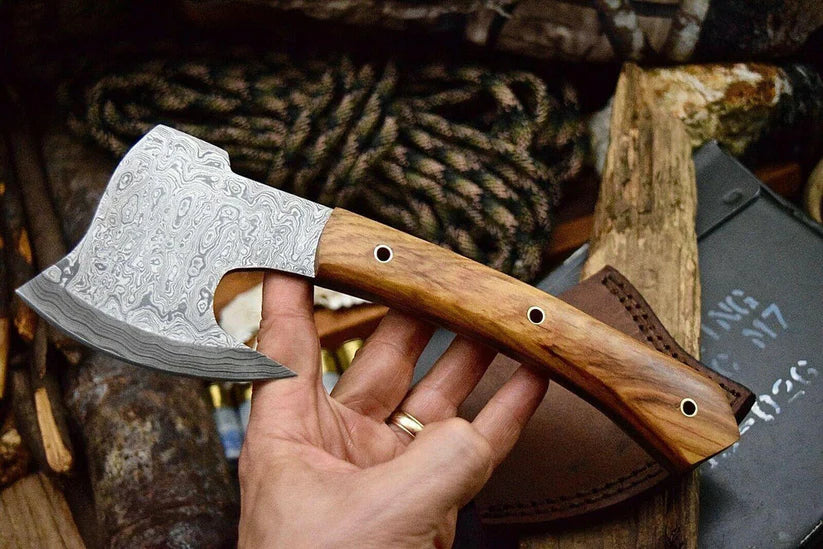 Custom Forged Damascus Hatchet Axe with Olive Burl Handle & Cowhide Sheath Arham Cutlery