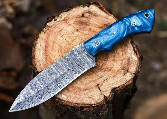 Handcrafted Damascus Steel Skinner Knife with Blue Resin Handle & Leather Sheath | Arham Cutlery - Arham Cutlery
