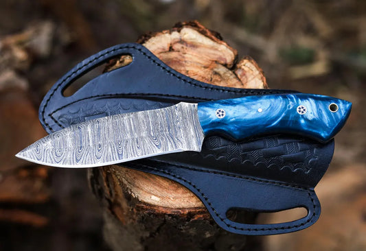 Handcrafted Damascus Steel Skinner Knife with Blue Resin Handle & Leather Sheath | Arham Cutlery