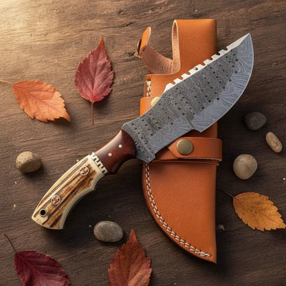 Stag Antler Damascus Tracker Knife with Leather Sheath Arham Cutlery