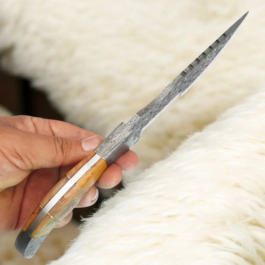 Hand-Forged Damascus Tracker Knife T2 – 10″ Survival Blade with Wood Handle & Leather Sheath - Arham Cutlery