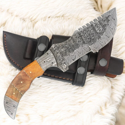 Hand-Forged Damascus Tracker Knife T2 – 10″ Survival Blade with Wood Handle & Leather Sheath