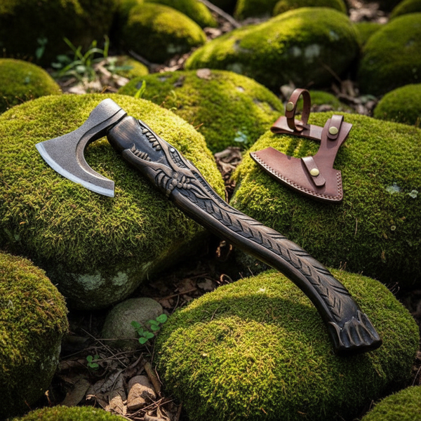Carved Norse Bearded Axe, 18 Inch Carbon Steel Viking Axe with Leather Sheath Arham Cutlery
