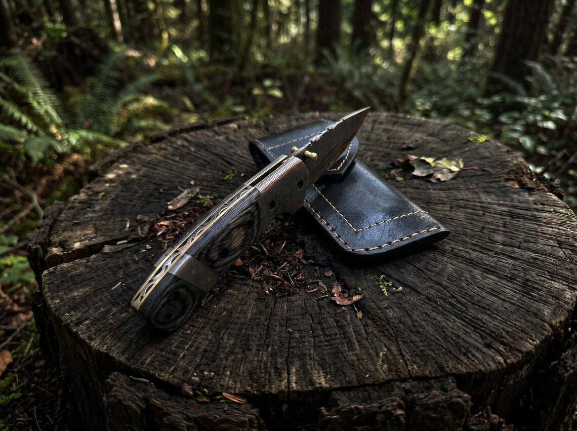 Custom Copper Damascus Pocket Knife – Handmade Folding EDC Knife with Leather Sheath for Collectors & Gift Giving Arham Cutlery