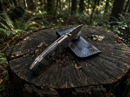 Custom Copper Damascus Pocket Knife – Handmade Folding EDC Knife with Leather Sheath for Collectors & Gift Giving Arham Cutlery