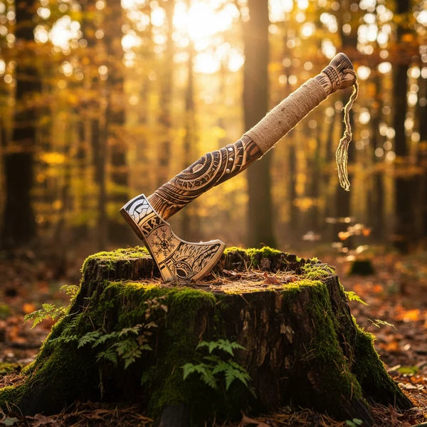 Carved Norse Axe with Engraved High Carbon Steel Head Arham Cutlery