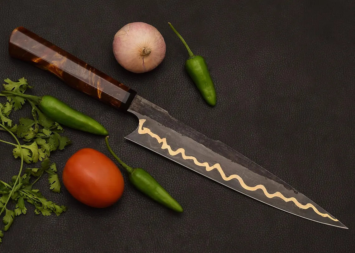 Custom Forged Copper Damascus Kitchen Knife | Amber Resin Chef Knife with Genuine Leather Sheath Arham Cutlery