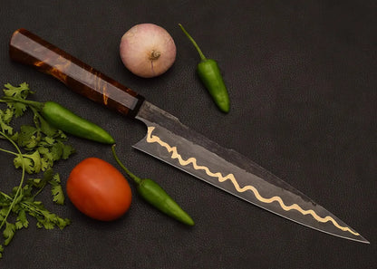 Custom Forged Copper Damascus Kitchen Knife | Amber Resin Chef Knife with Genuine Leather Sheath Arham Cutlery