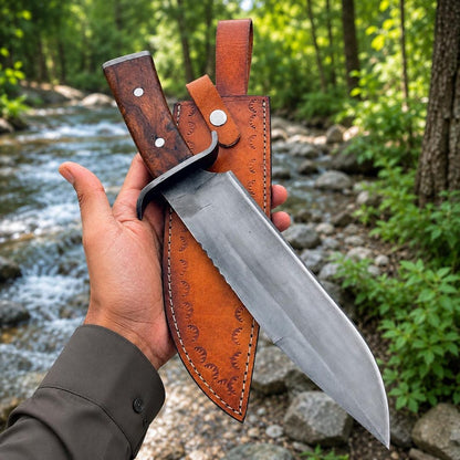 Classic Carbon Steel Bowie Knife with Wood Grip & Leather Sheath Arham Cutlery
