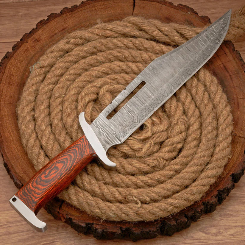Custom Handmade 17" Damascus Steel Rambo Bowie Knife – Full Tang Hunting & Survival Knife with Leather Sheath Arham Cutlery