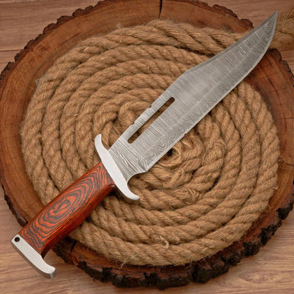 Custom Handmade 17" Damascus Steel Rambo Bowie Knife – Full Tang Hunting & Survival Knife with Leather Sheath Arham Cutlery