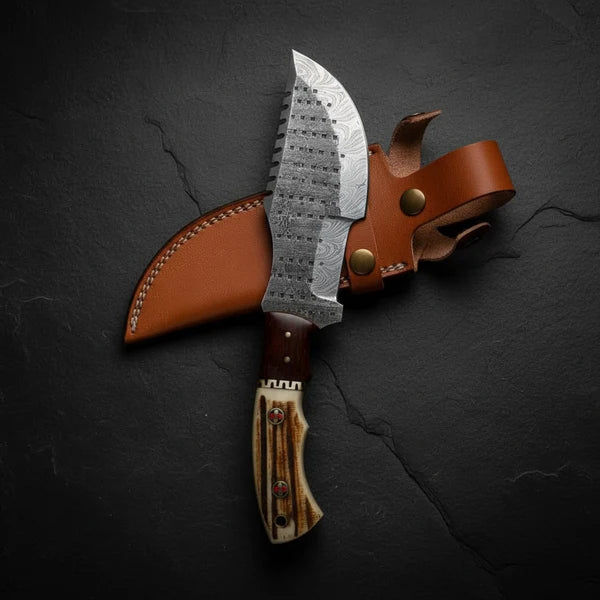 Stag Antler Damascus Tracker Knife with Leather Sheath Arham Cutlery