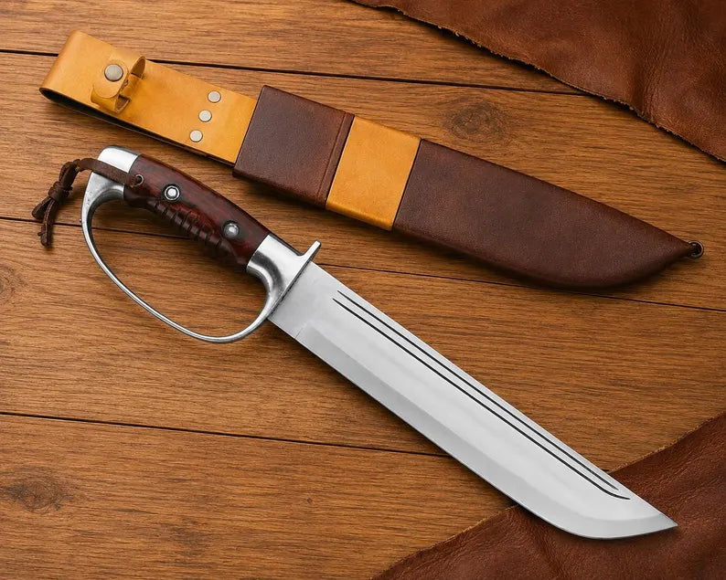 Large D2 Bowie Knife with Rosewood Grip, Steel D-Guard & Sheath Arham Cutlery