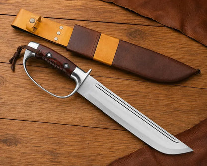 Large D2 Bowie Knife with Rosewood Grip, Steel D-Guard & Sheath Arham Cutlery