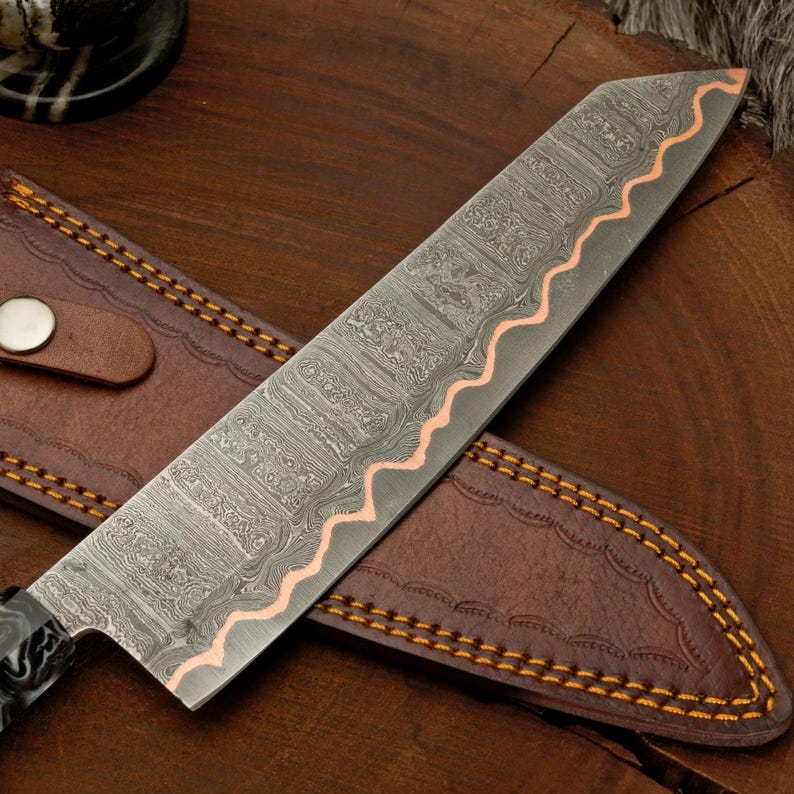 Personalized Damascus Kitchen Knife with Green Resin Handle Arham Cutlery