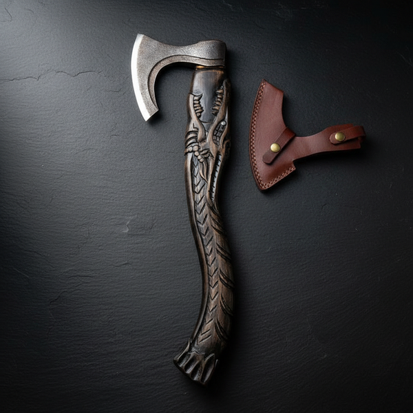 Carved Norse Bearded Axe, 18 Inch Carbon Steel Viking Axe with Leather Sheath Arham Cutlery