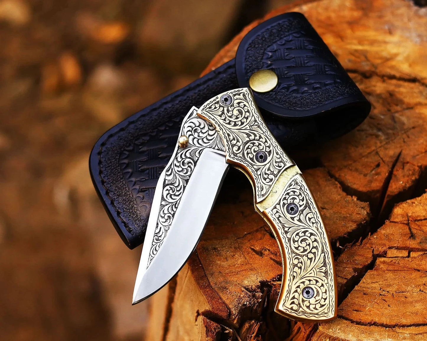 Hand-Engraved Brass Handle Folding Pocket Knife – D2 Steel Easy Lock EDC Knife | Arham Cutlery