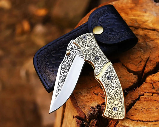 Hand-Engraved Brass Handle Folding Pocket Knife – D2 Steel Easy Lock EDC Knife | Arham Cutlery - Arham Cutlery