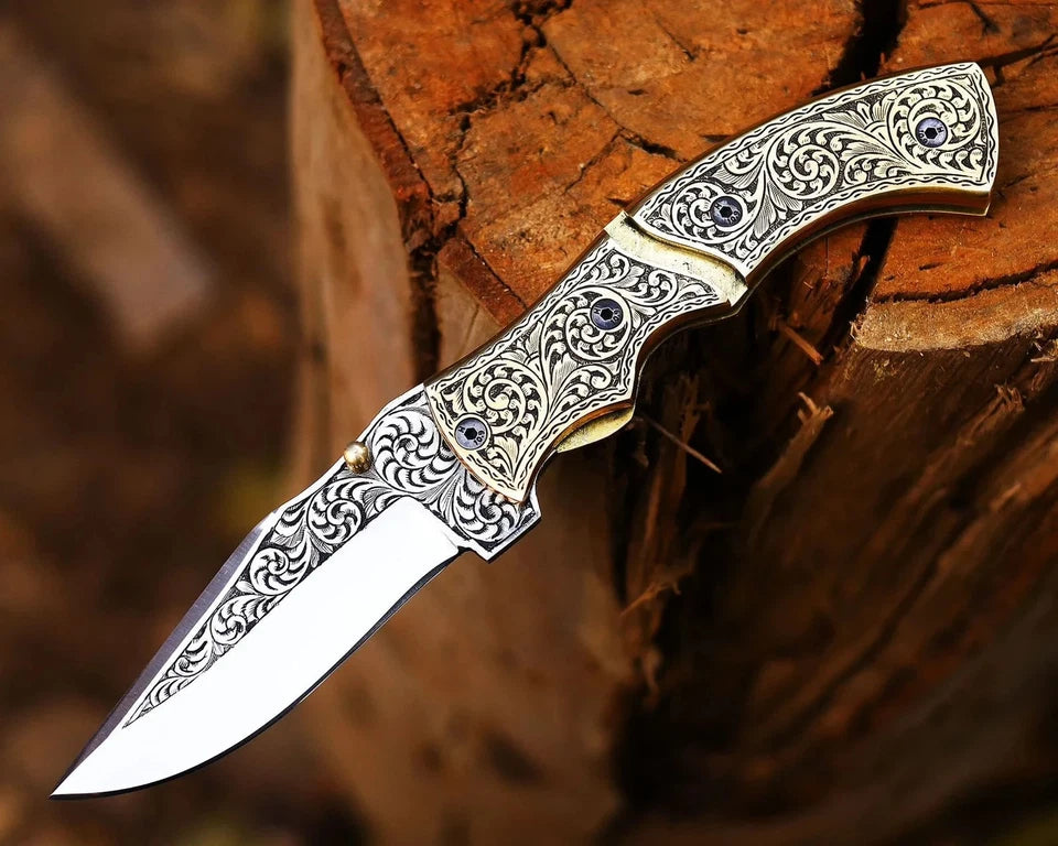 Hand-Engraved Brass Handle Folding Pocket Knife – D2 Steel Easy Lock EDC Knife | Arham Cutlery