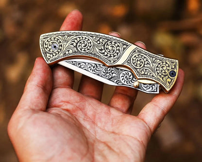 Hand-Engraved Brass Handle Folding Pocket Knife – D2 Steel Easy Lock EDC Knife | Arham Cutlery