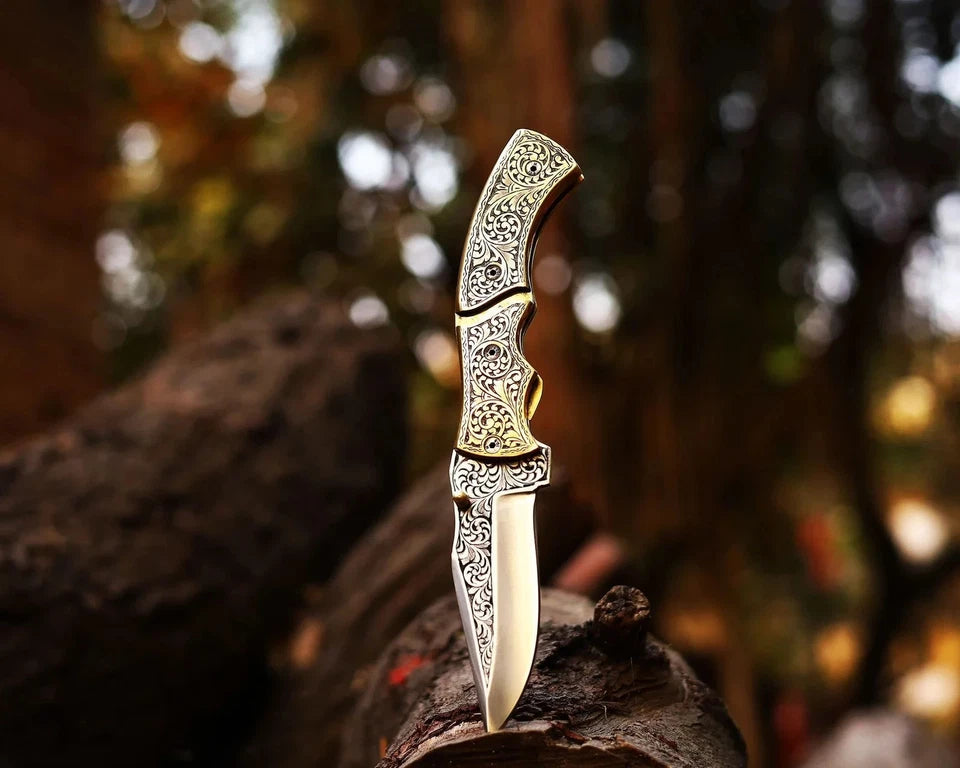 Hand-Engraved Brass Handle Folding Pocket Knife – D2 Steel Easy Lock EDC Knife | Arham Cutlery