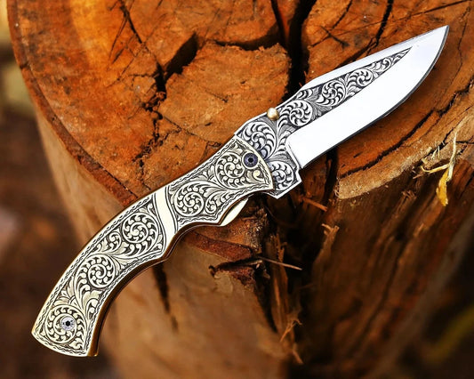 Hand-Engraved Brass Handle Folding Pocket Knife – D2 Steel Easy Lock EDC Knife | Arham Cutlery