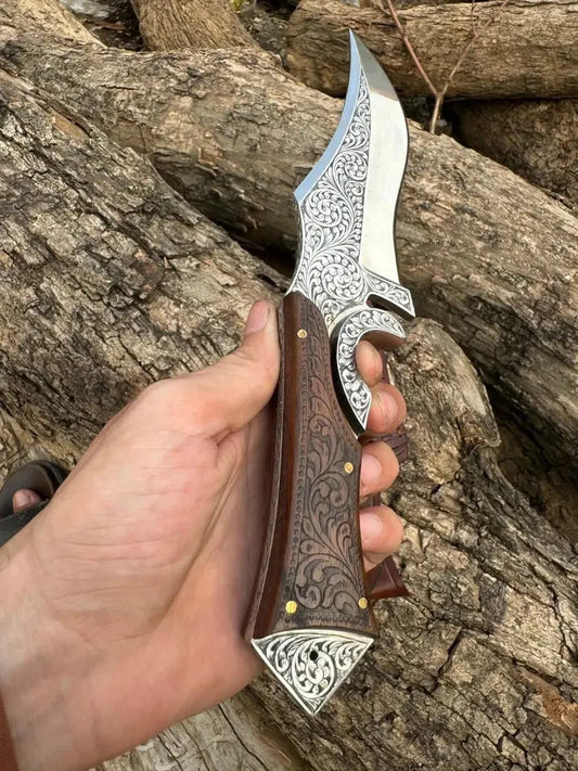 Arham Cutlery Hand-Engraved Hunting Knife – Full Tang Carbon Steel Blade with Ornate Wood Handle & Leather Sheath - Arham Cutlery