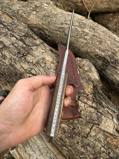 Arham Cutlery Hand-Engraved Hunting Knife – Full Tang Carbon Steel Blade with Ornate Wood Handle & Leather Sheath