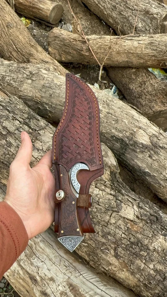 Arham Cutlery Hand-Engraved Hunting Knife – Full Tang Carbon Steel Blade with Ornate Wood Handle & Leather Sheath