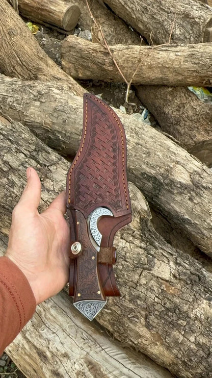 Arham Cutlery Hand-Engraved Hunting Knife – Full Tang Carbon Steel Blade with Ornate Wood Handle & Leather Sheath