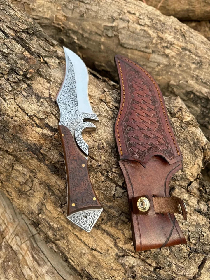 Arham Cutlery Hand-Engraved Hunting Knife – Full Tang Carbon Steel Blade with Ornate Wood Handle & Leather Sheath
