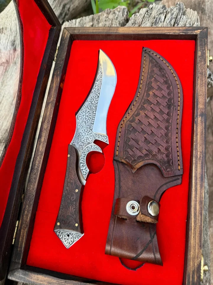 Arham Cutlery Hand-Engraved Hunting Knife – Full Tang Carbon Steel Blade with Ornate Wood Handle & Leather Sheath