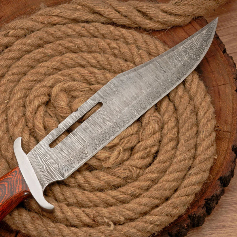 Custom Handmade 17" Damascus Steel Rambo Bowie Knife – Full Tang Hunting & Survival Knife with Leather Sheath Arham Cutlery