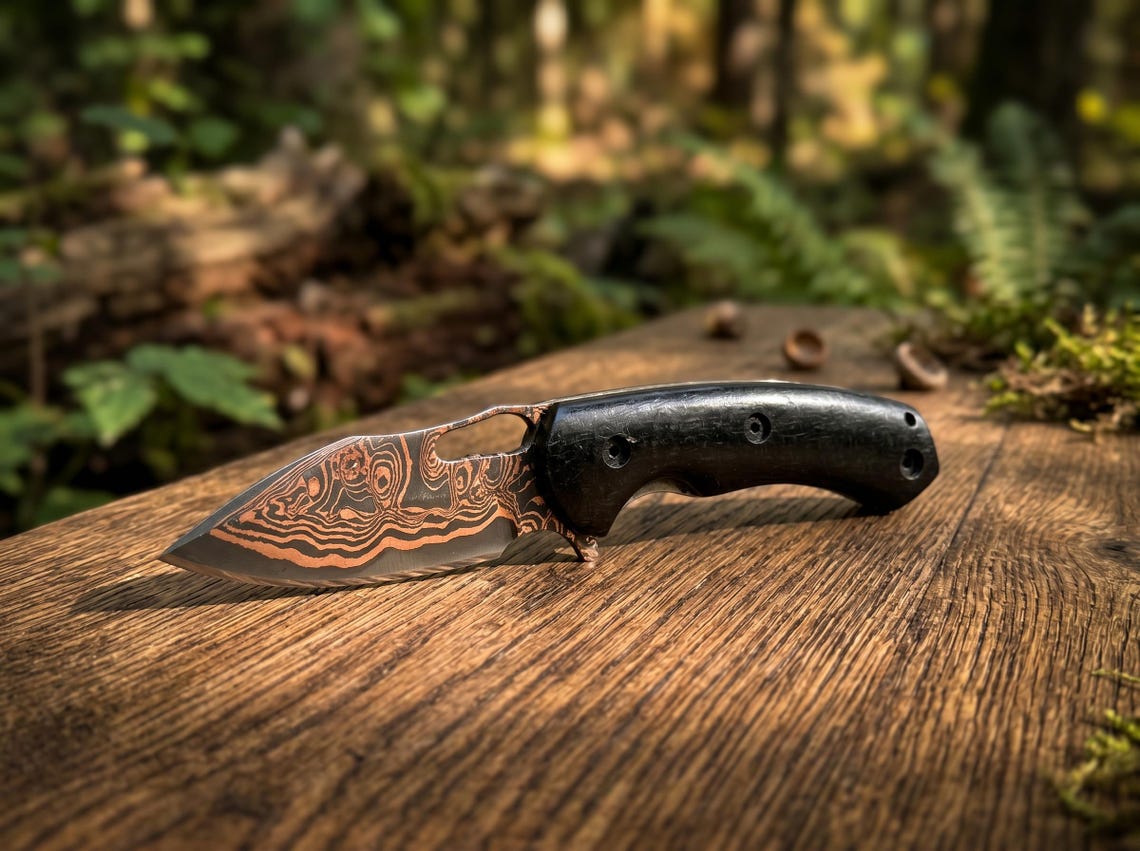 Custom Copper Damascus Pocket Knife with Leather Sheath – Handmade Folding EDC Knife for Collectors & Outdoorsmen Arham Cutlery