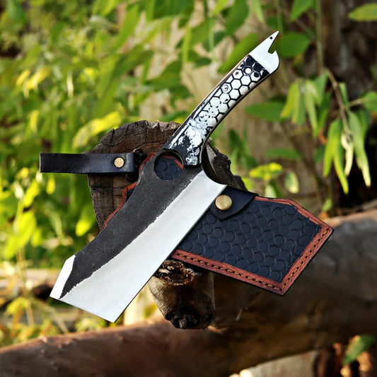 Arham Cutlery Hand-Forged J2 Steel Cleaver Knife – 12” Artisan Blade with Honeycomb Resin Handle & Leather Sheath