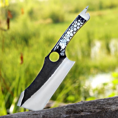 Arham Cutlery Hand-Forged J2 Steel Cleaver Knife – 12” Artisan Blade with Honeycomb Resin Handle & Leather Sheath - Arham Cutlery