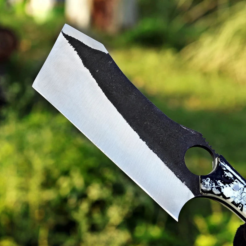 Arham Cutlery Hand-Forged J2 Steel Cleaver Knife – 12” Artisan Blade with Honeycomb Resin Handle & Leather Sheath - Arham Cutlery