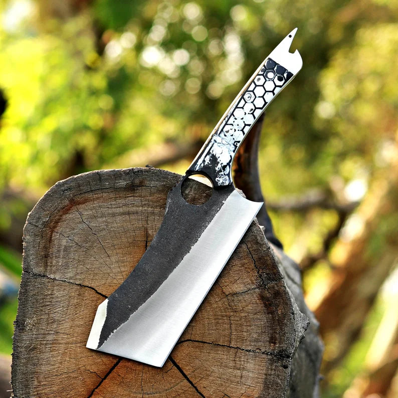 Arham Cutlery Hand-Forged J2 Steel Cleaver Knife – 12” Artisan Blade with Honeycomb Resin Handle & Leather Sheath - Arham Cutlery