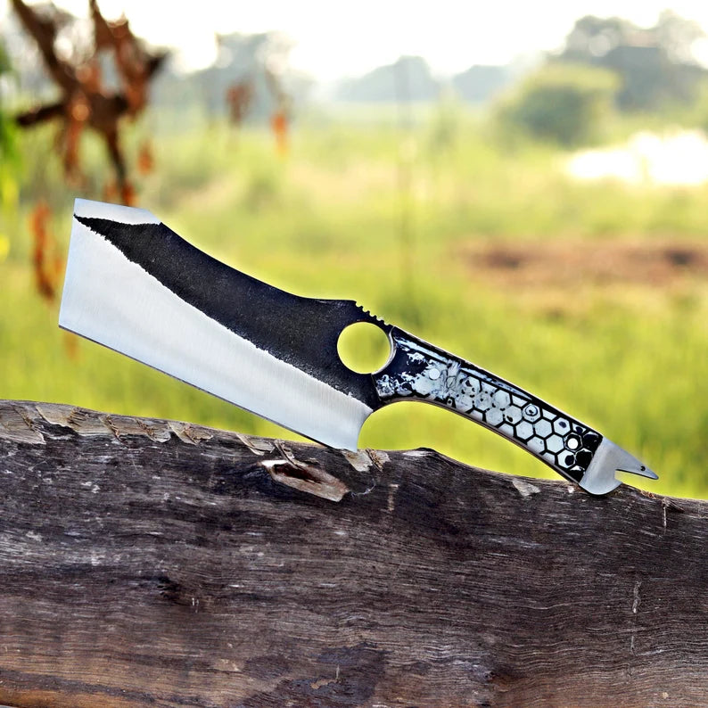 Arham Cutlery Hand-Forged J2 Steel Cleaver Knife – 12” Artisan Blade with Honeycomb Resin Handle & Leather Sheath - Arham Cutlery